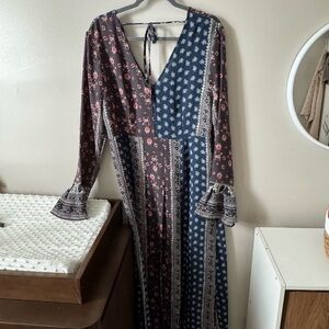Lulu's Bohemian Floral Long Sleeve Dress - Navy and Brown